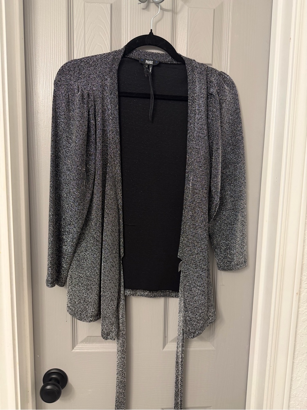 PAIGE Black and Gray Open-Front Tie Cardigan